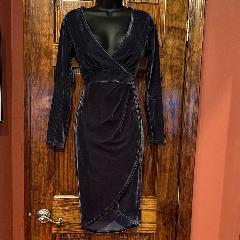 Elegant Slate Velvet Faux Wrap Dress